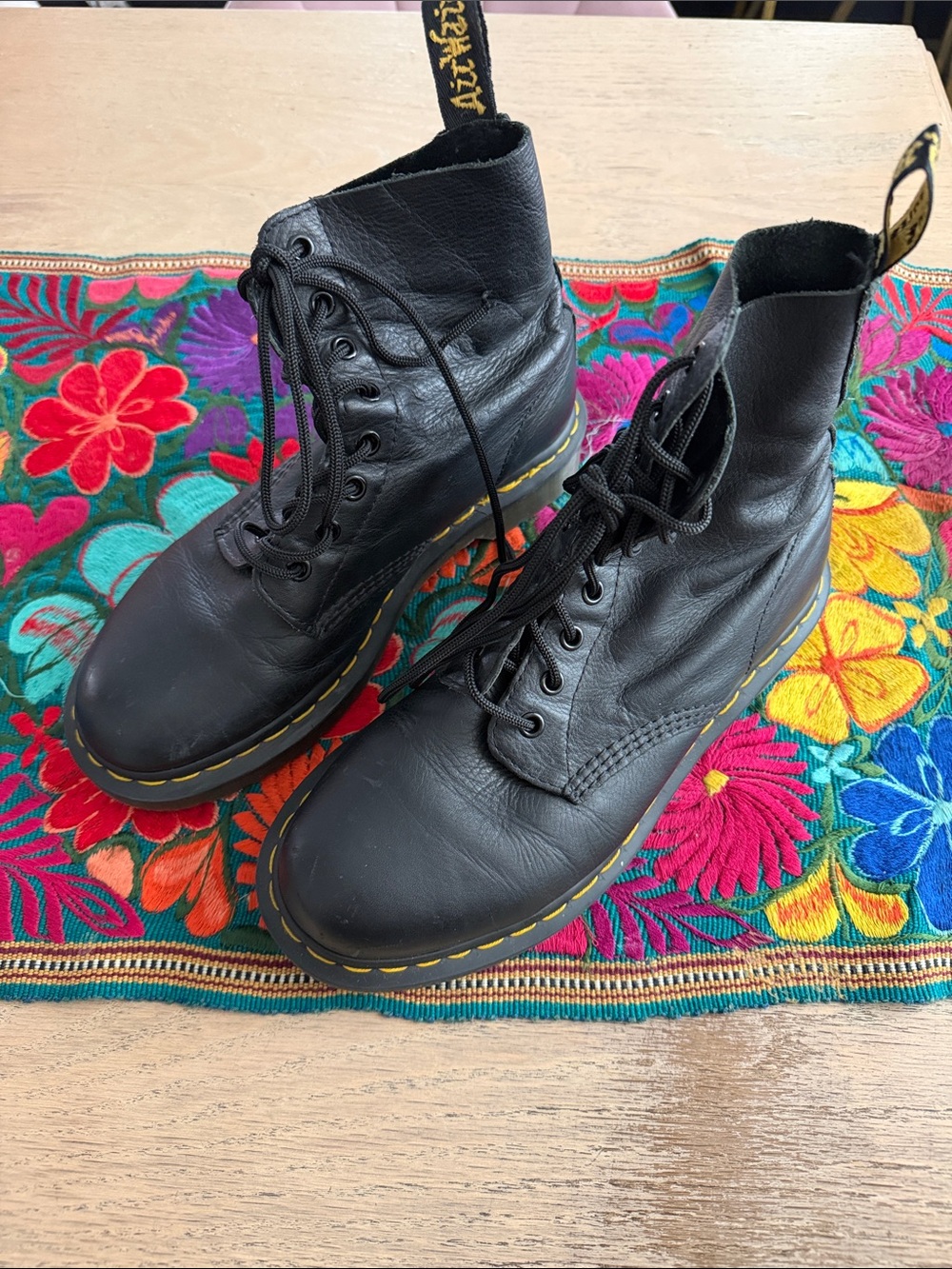Dr. Martens Black Leather Lace-Up Combat Boots with Yellow Stitching